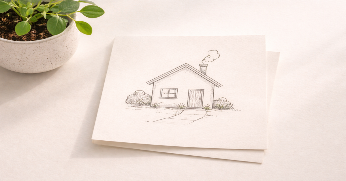 A paper house sketch beside a small green plant on a clean surface, representing the financial planning priorities of the family stage — income protection, childcare costs, and building a stable household financial system