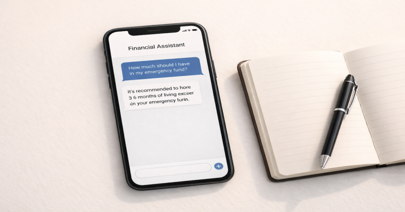 Smartphone showing a chat-style AI financial assistant interface beside an open notebook and pen on a light desk surface