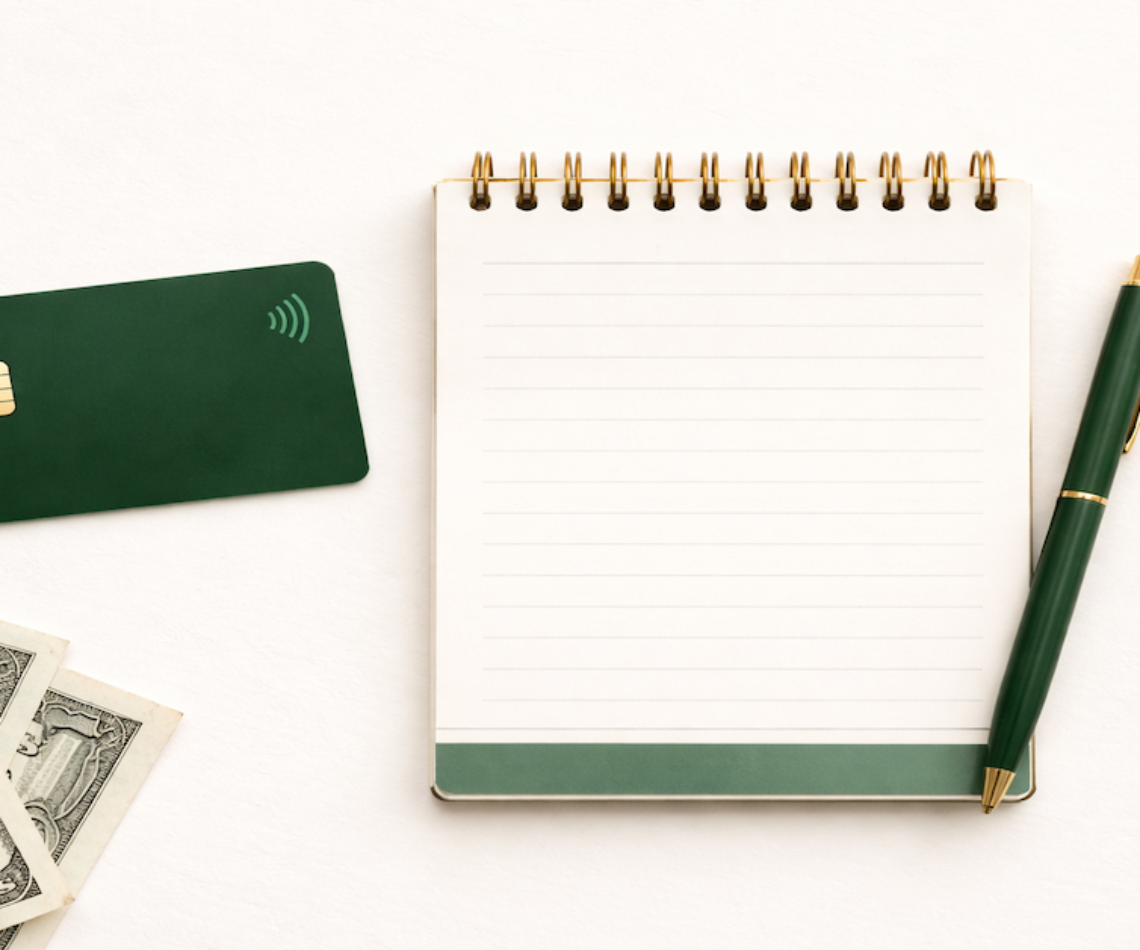 A debit card, open budget notebook, and cash on a clean surface representing the first financial decisions of early adulthood — first bank account, first budget, first savings habit