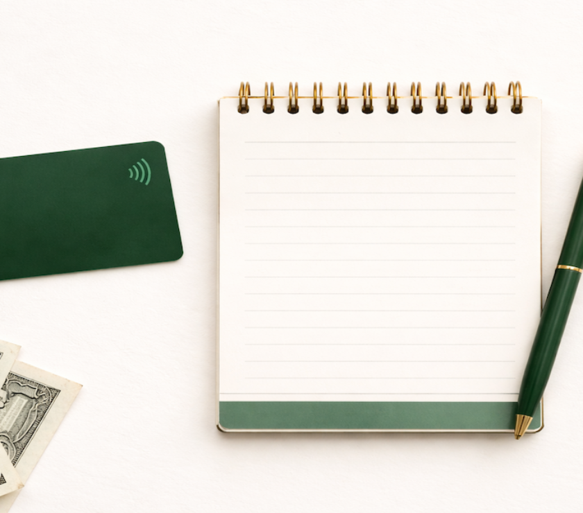 A debit card, open budget notebook, and cash on a clean surface representing the first financial decisions of early adulthood — first bank account, first budget, first savings habit