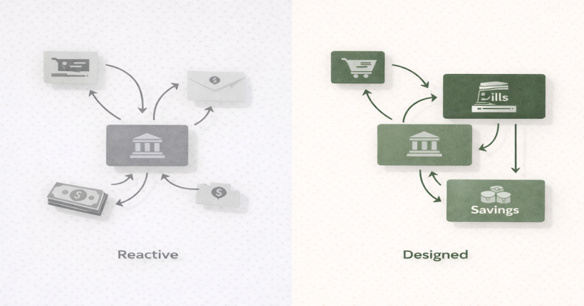 Split illustration contrasting reactive single-account money management on the left with a designed three-account financial infrastructure system on the right