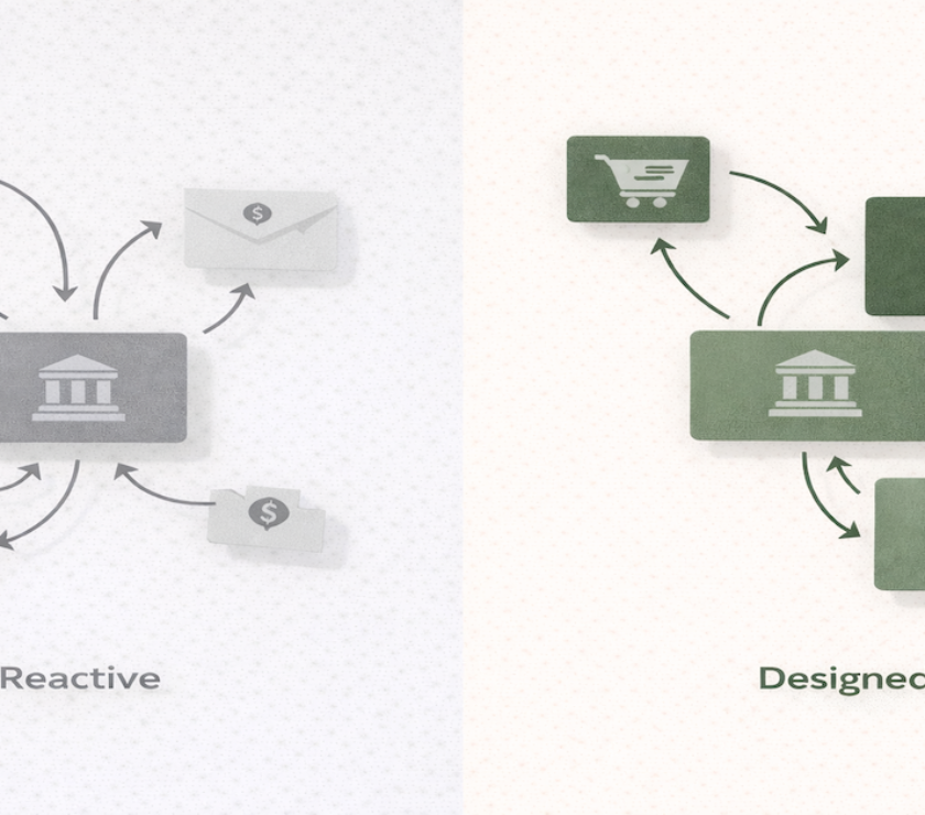 Split illustration contrasting reactive single-account money management on the left with a designed three-account financial infrastructure system on the right