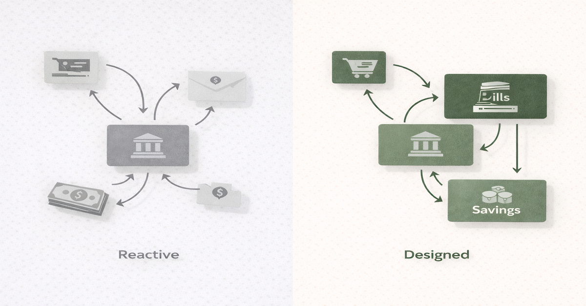 Split illustration contrasting reactive single-account money management on the left with a designed three-account financial infrastructure system on the right