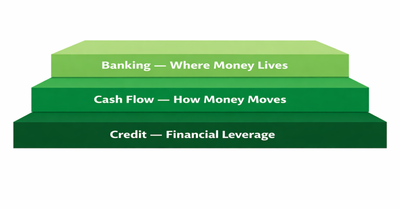 Three-layer diagram of the personal finance infrastructure model showing banking, cash flow, and credit as stacked interconnected systems