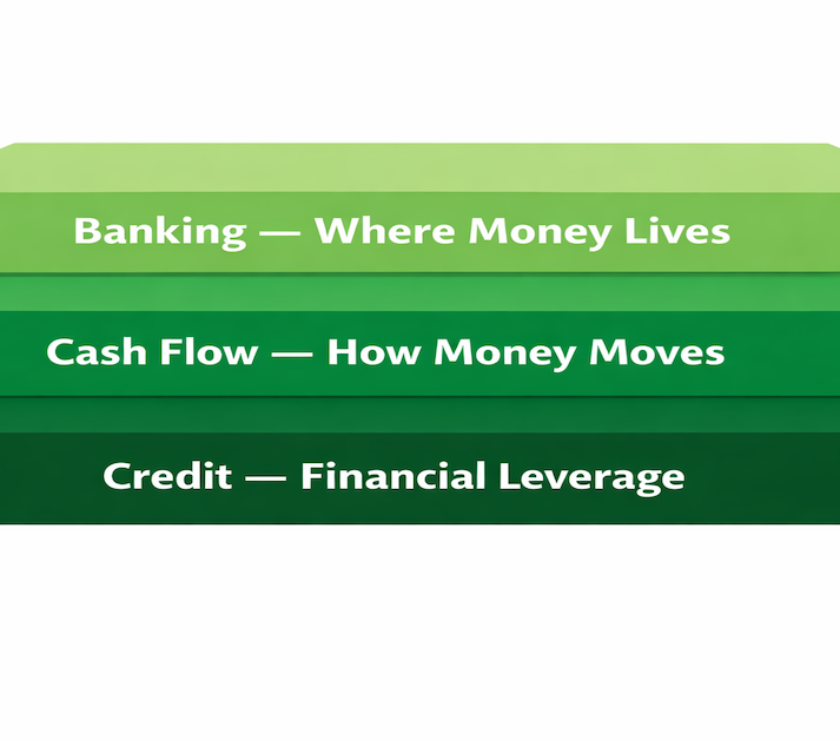 Three-layer diagram of the personal finance infrastructure model showing banking, cash flow, and credit as stacked interconnected systems