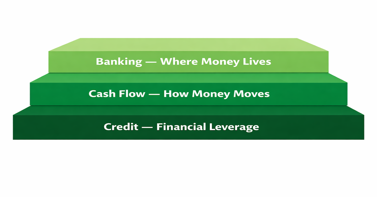 Three-layer diagram of the personal finance infrastructure model showing banking, cash flow, and credit as stacked interconnected systems