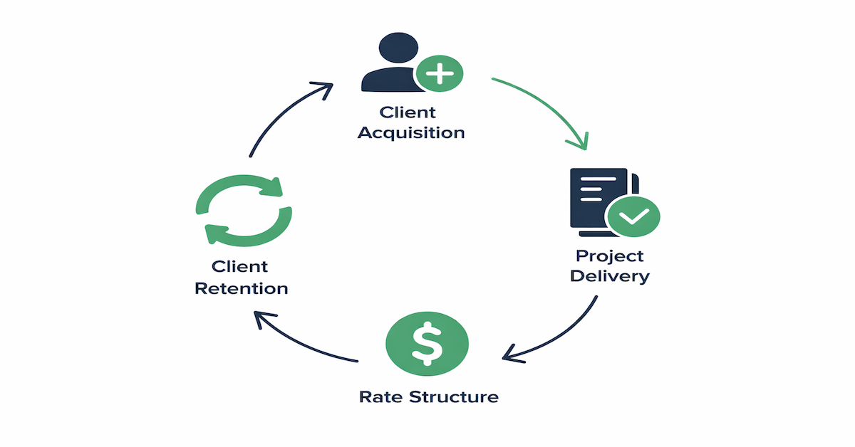 Circular diagram showing the four nodes of a freelancing system — client acquisition, project delivery, rate structure, and client retention — connected in a continuous cycle