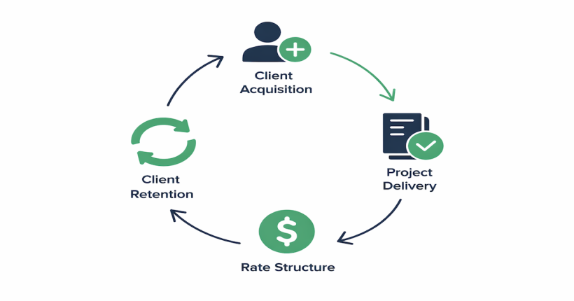 Circular diagram showing the four nodes of a freelancing system — client acquisition, project delivery, rate structure, and client retention — connected in a continuous cycle