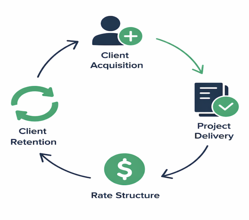 Circular diagram showing the four nodes of a freelancing system — client acquisition, project delivery, rate structure, and client retention — connected in a continuous cycle