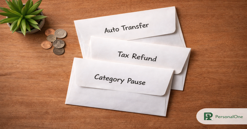 Three labeled funding envelopes reading Auto Transfer, Tax Refund, and Category Pause fanned out on warm wood with coins — PersonalOne