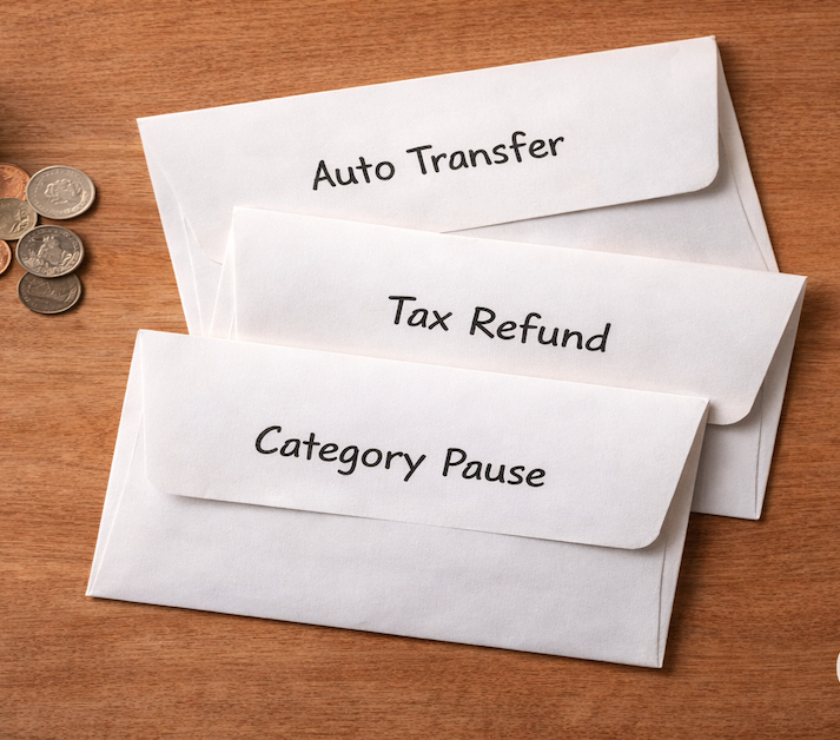 Three labeled funding envelopes reading Auto Transfer, Tax Refund, and Category Pause fanned out on warm wood with coins — PersonalOne