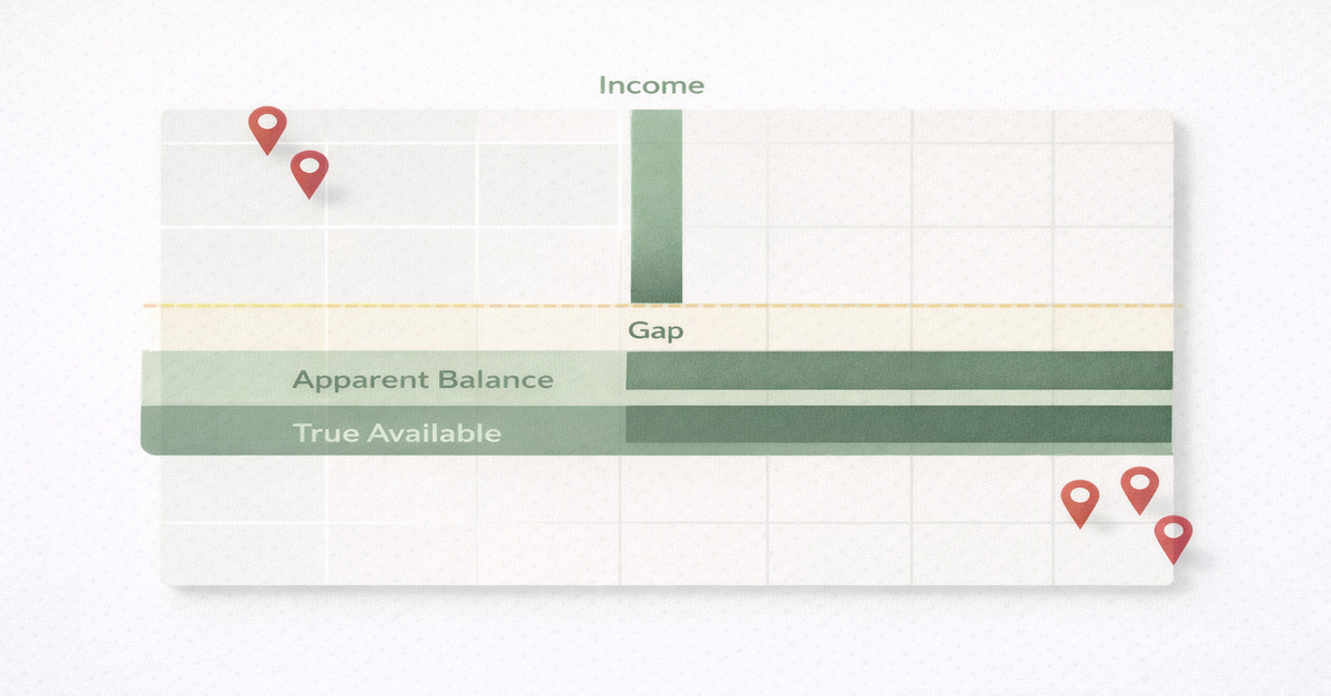 Calendar illustration showing income timing versus bill due date clusters, highlighting the cash flow gap that causes month-end shortfall