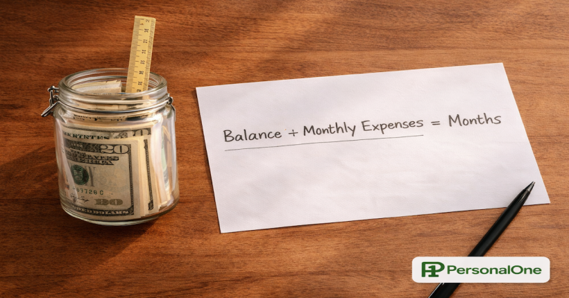 Glass savings jar with a ruler measuring the bill height beside a runway calculation on white paper on warm wood — PersonalOne