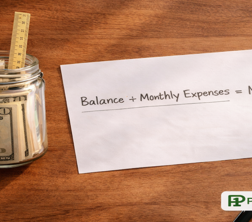 Glass savings jar with a ruler measuring the bill height beside a runway calculation on white paper on warm wood — PersonalOne