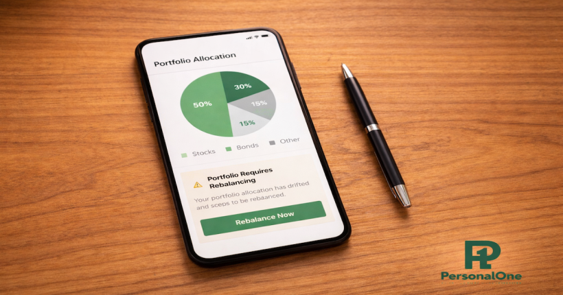 Smartphone displaying a portfolio allocation pie chart with a rebalancing notification card on a warm wood surface beside a pen