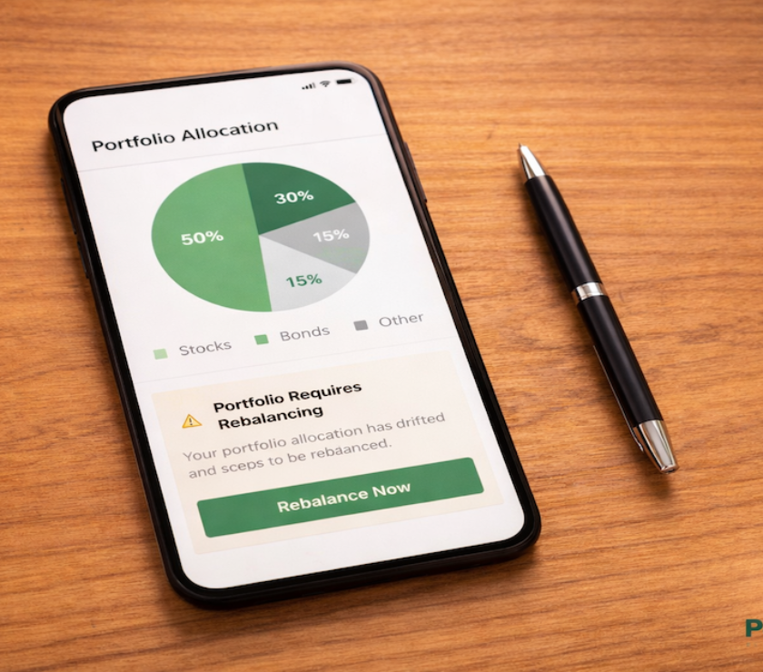 Smartphone displaying a portfolio allocation pie chart with a rebalancing notification card on a warm wood surface beside a pen