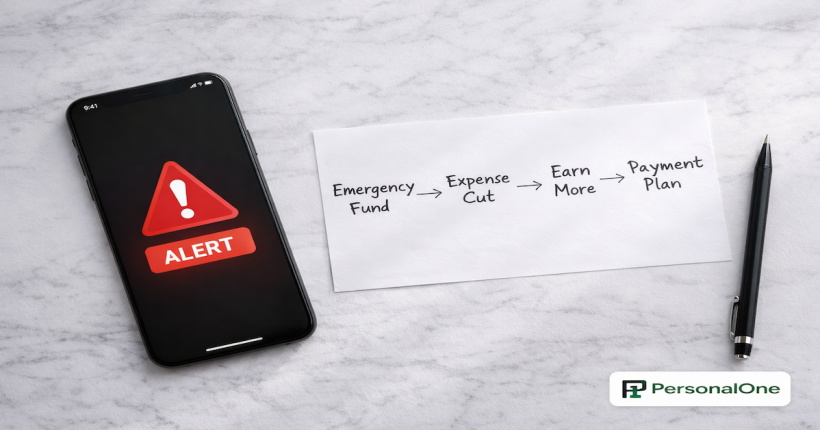 Smartphone with red alert beside a four-step financial emergency response flowchart notecard and pen on white marble — PersonalOne