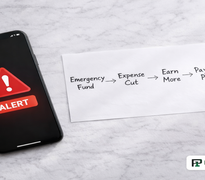 Smartphone with red alert beside a four-step financial emergency response flowchart notecard and pen on white marble — PersonalOne
