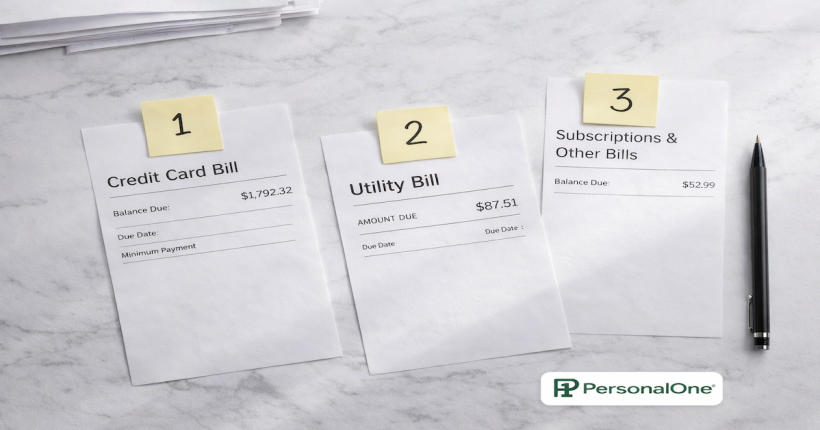 Stack of bills on white marble with three bills separated and labeled 1, 2, 3 in priority order beside a pen — PersonalOne