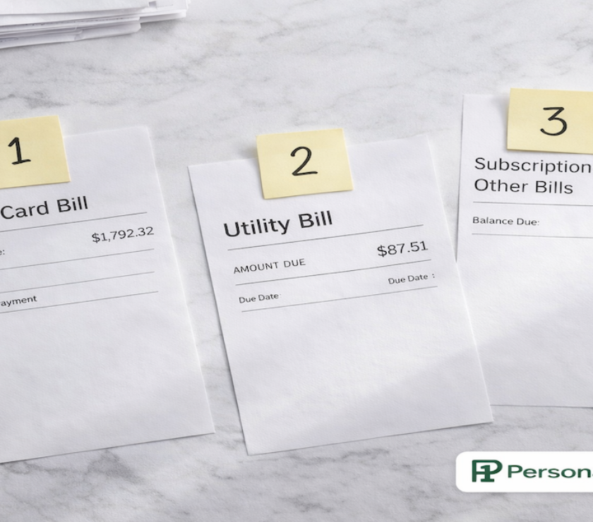 Stack of bills on white marble with three bills separated and labeled 1, 2, 3 in priority order beside a pen — PersonalOne