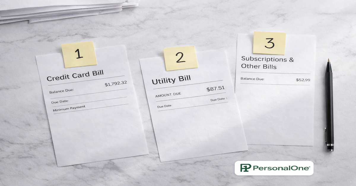 Stack of bills on white marble with three bills separated and labeled 1, 2, 3 in priority order beside a pen — PersonalOne