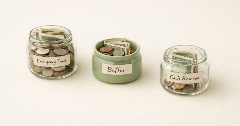 Three labeled glass jars representing the three layers of a savings system — emergency fund, buffer account, and long-term cash reserves — arranged on a light surface