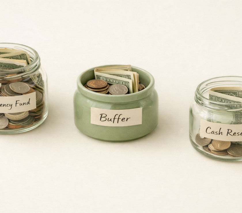 Three labeled glass jars representing the three layers of a savings system — emergency fund, buffer account, and long-term cash reserves — arranged on a light surface