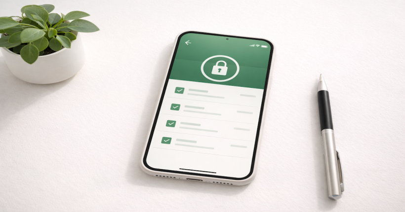 Smartphone on a white desk showing a secure banking dashboard with a small green plant beside it