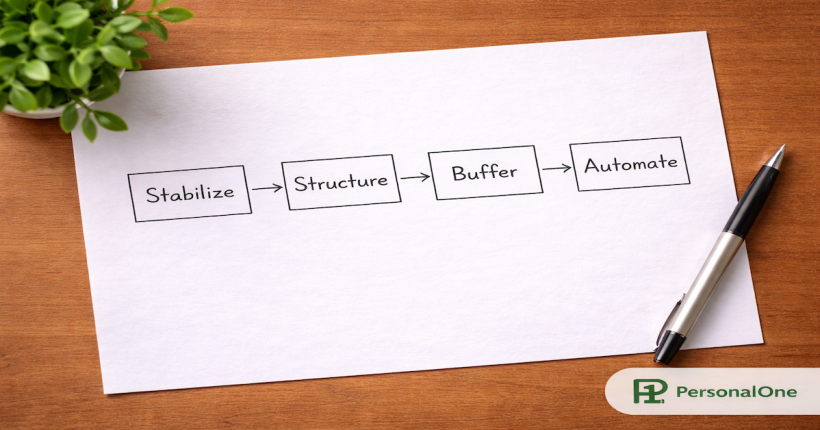 Hand-drawn four-step roadmap showing Stabilize Structure Buffer Automate on white paper beside a green plant on a wood surface — PersonalOne