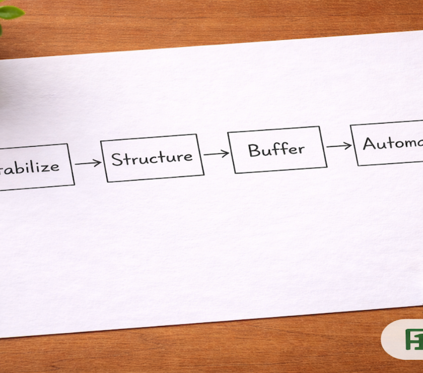 Hand-drawn four-step roadmap showing Stabilize Structure Buffer Automate on white paper beside a green plant on a wood surface — PersonalOne