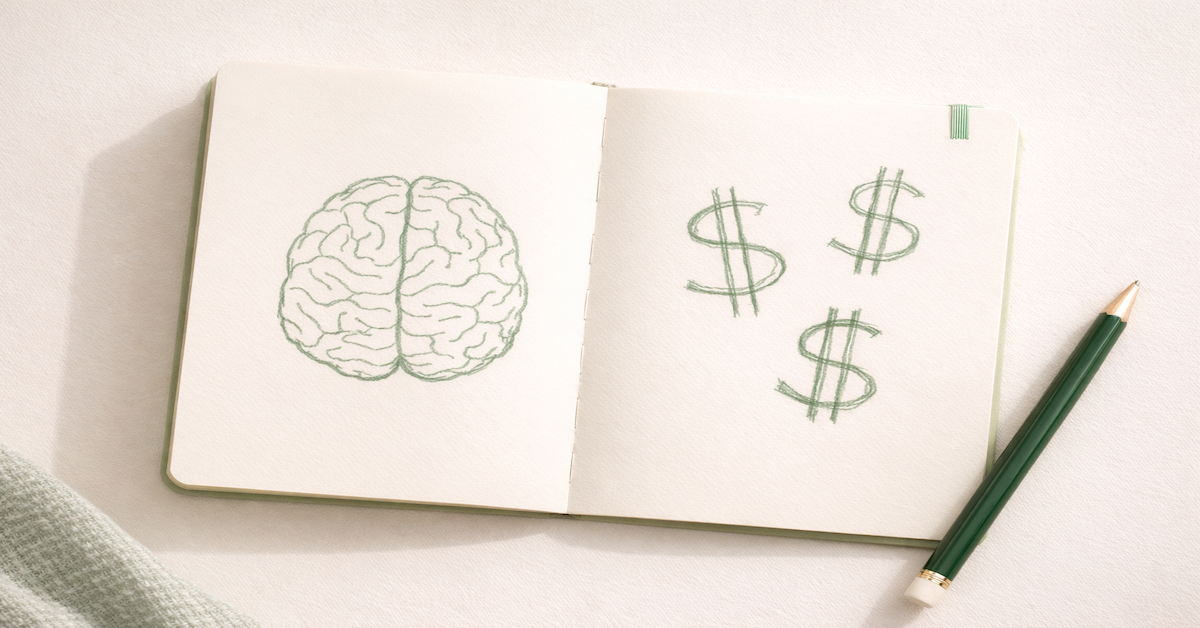 An open notebook with a simple hand-drawn brain sketch beside dollar signs, representing the connection between money psychology and financial behavior — how the brain drives spending decisions, emotional triggers, and the patterns that keep most budgets from working
