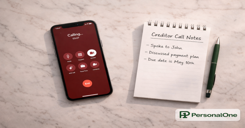 Smartphone showing an active call beside a notepad labeled Creditor Call Notes with handwritten lines on white marble — PersonalOne