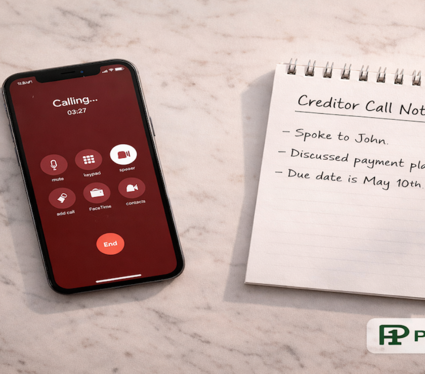 Smartphone showing an active call beside a notepad labeled Creditor Call Notes with handwritten lines on white marble — PersonalOne