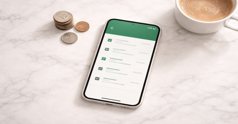Smartphone displaying a banking transaction dashboard on white marble surface with coins beside it