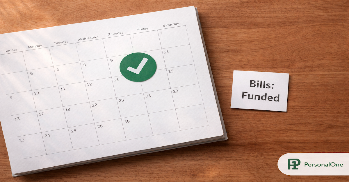 Desk calendar with a green checkmark one month ahead and a card reading Bills Funded on a warm wood surface — PersonalOne