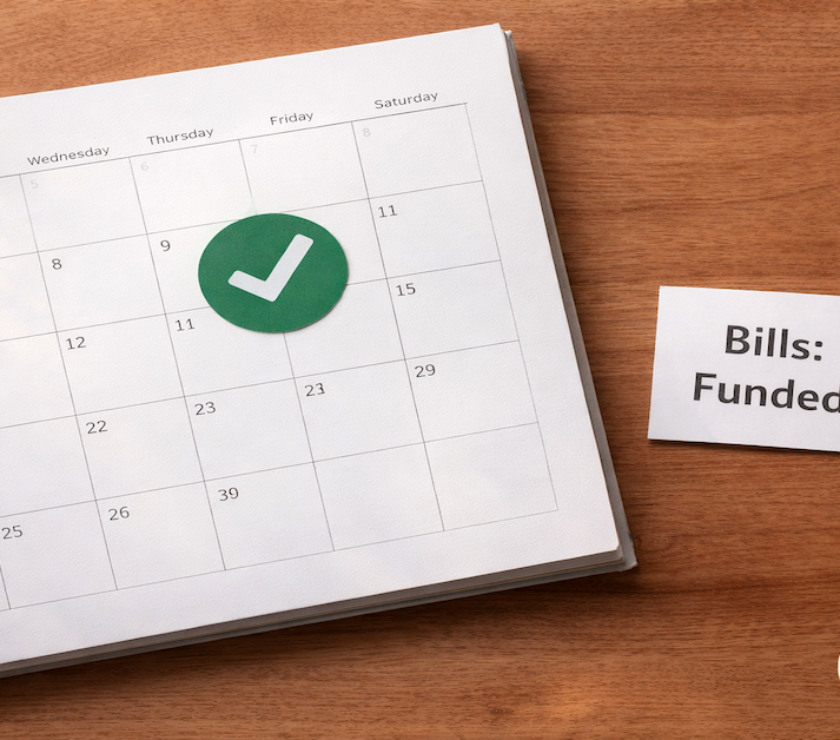 Desk calendar with a green checkmark one month ahead and a card reading Bills Funded on a warm wood surface — PersonalOne