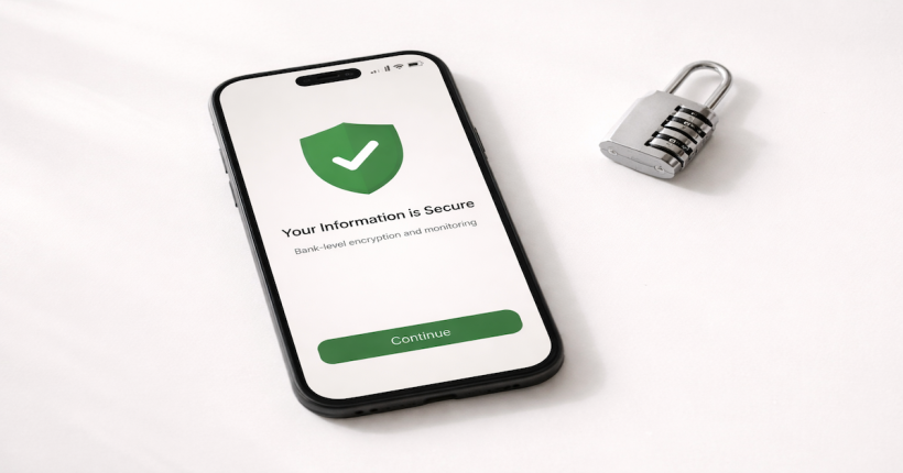 Smartphone displaying a security shield with green checkmark on a financial app beside a small combination lock on a white surface