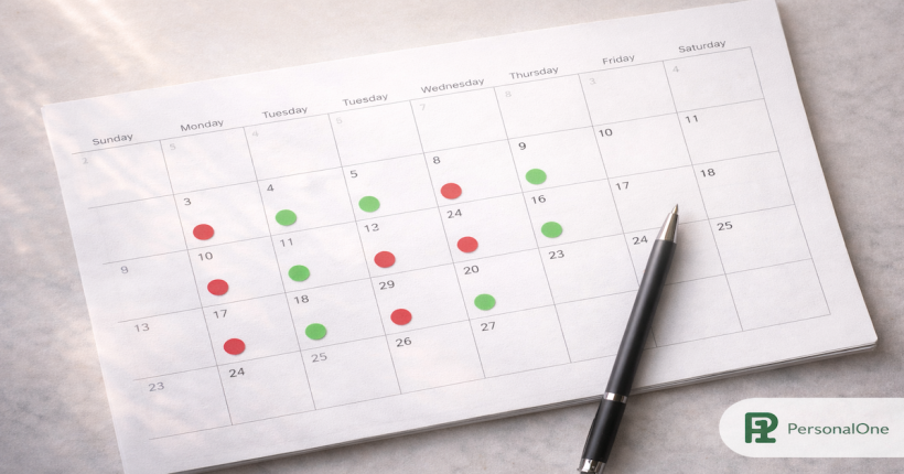 Monthly calendar with red bill due date dots and green paycheck date dots aligned in the same week clusters with a pen — PersonalOne