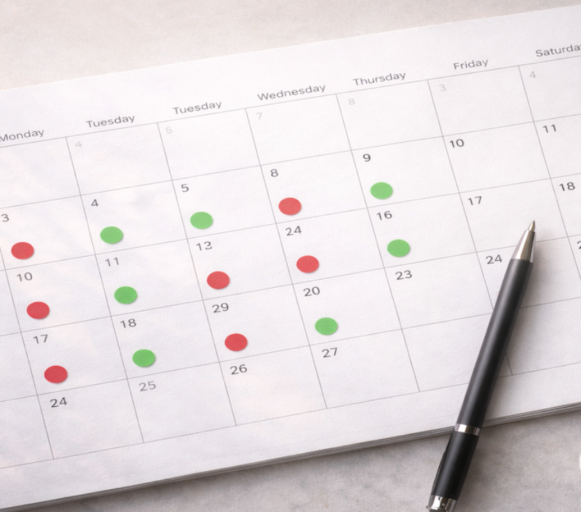 Monthly calendar with red bill due date dots and green paycheck date dots aligned in the same week clusters with a pen — PersonalOne