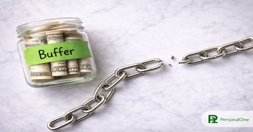 Broken chain link beside a glass jar labeled Buffer filled with rolled bills on white marble — PersonalOne