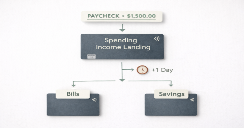 Paycheck landing in a spending checking account, then automatically distributing to a bills account and high-yield savings account one business day later