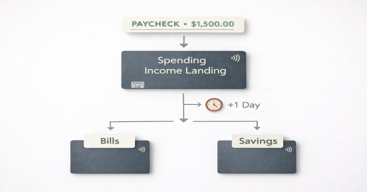 Paycheck landing in a spending checking account, then automatically distributing to a bills account and high-yield savings account one business day later