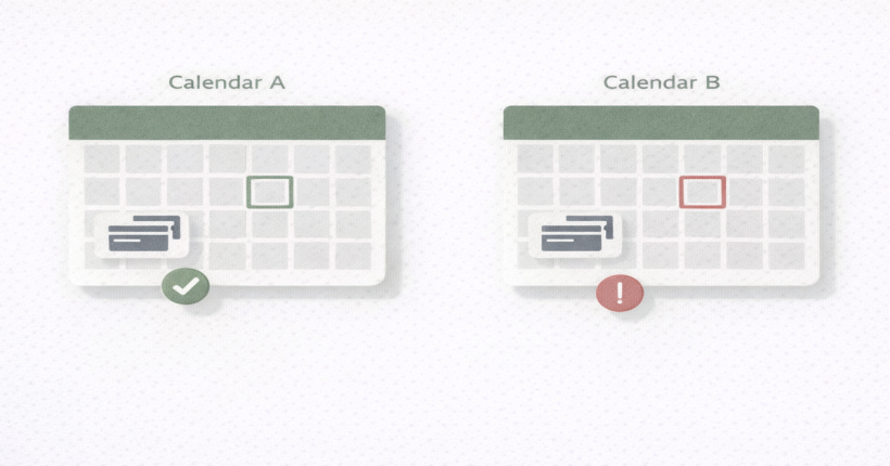 Side-by-side calendar comparison showing paycheck arriving before versus after statement close date, illustrating how pay timing affects credit utilization management