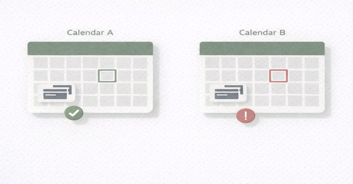 Side-by-side calendar comparison showing paycheck arriving before versus after statement close date, illustrating how pay timing affects credit utilization management