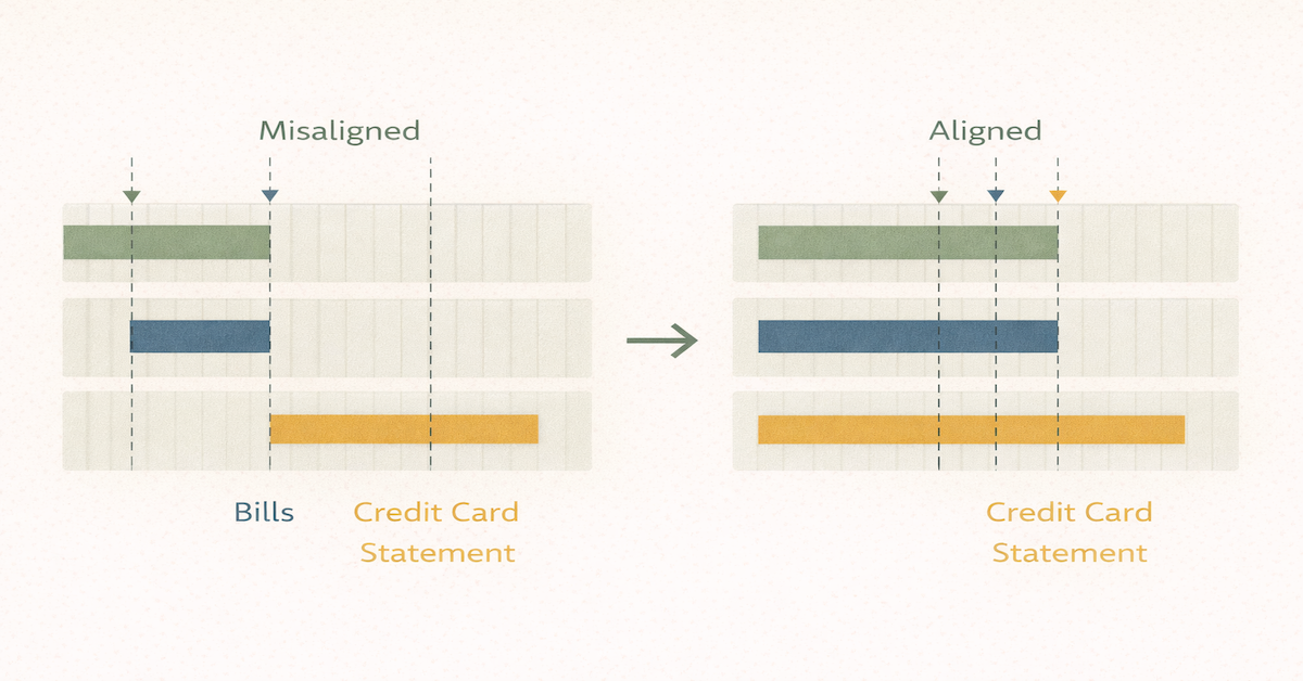 Before-and-after calendar alignment diagram showing paycheck dates, bill due dates, and credit card statement close dates moving from misaligned to a coordinated schedule