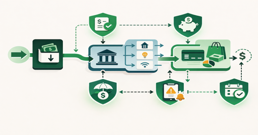Financial system pipeline diagram showing money flowing from income through bills and spending accounts, with five safeguard shield icons positioned at key vulnerability points to prevent cash flow breakdowns