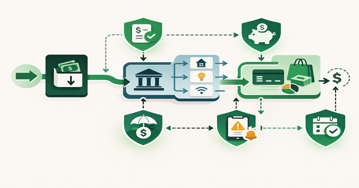 Financial system pipeline diagram showing money flowing from income through bills and spending accounts, with five safeguard shield icons positioned at key vulnerability points to prevent cash flow breakdowns