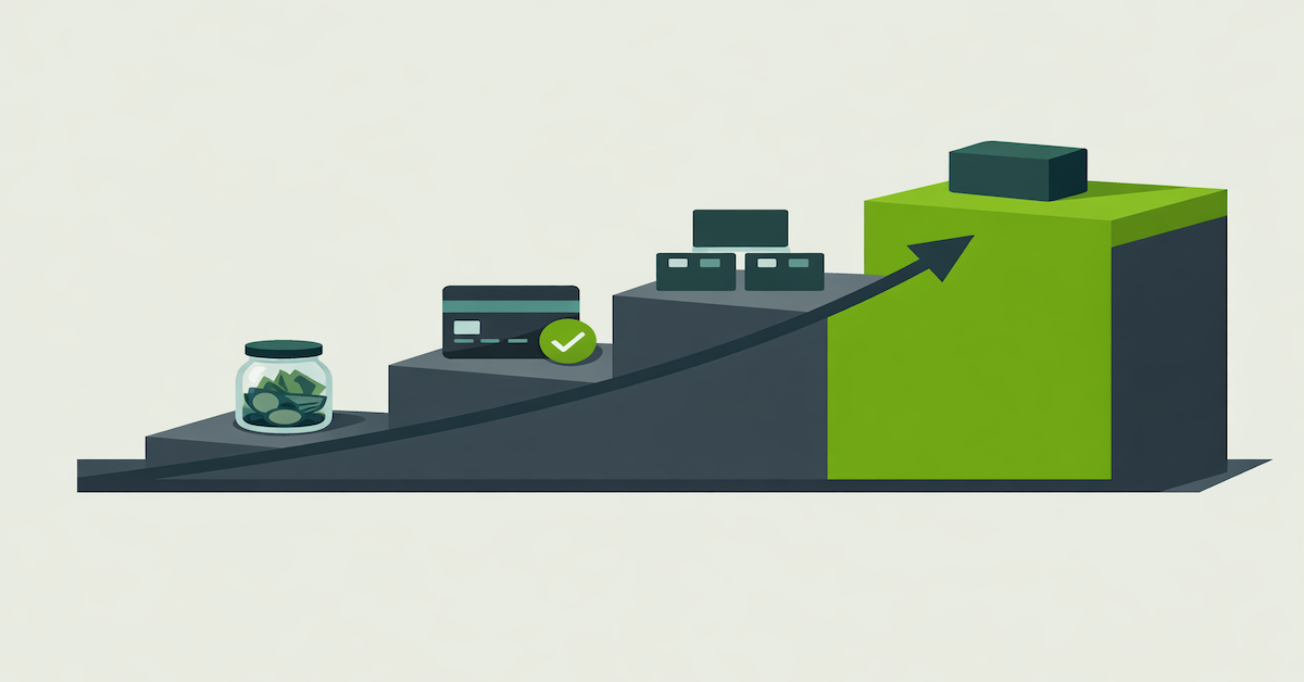 Illustration of a stepped financial rebuilding path showing the phases from debt resolution through credit recovery to long-term financial stability