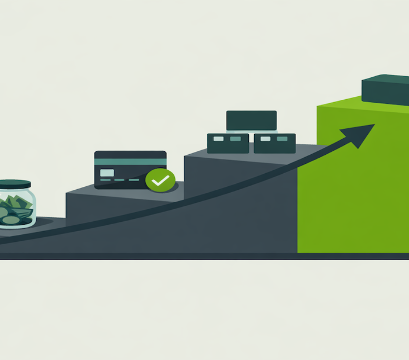 Illustration of a stepped financial rebuilding path showing the phases from debt resolution through credit recovery to long-term financial stability