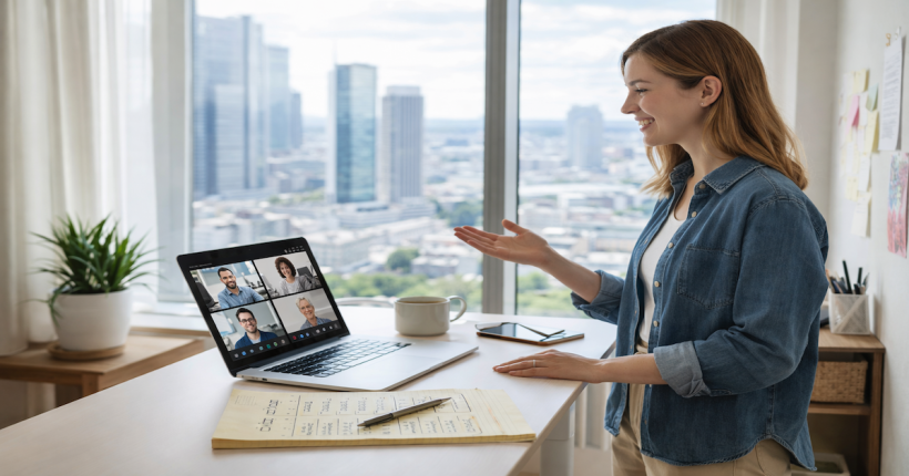Woman on a video call at a home office with a city view, representing the remote work career income strategy and location flexibility